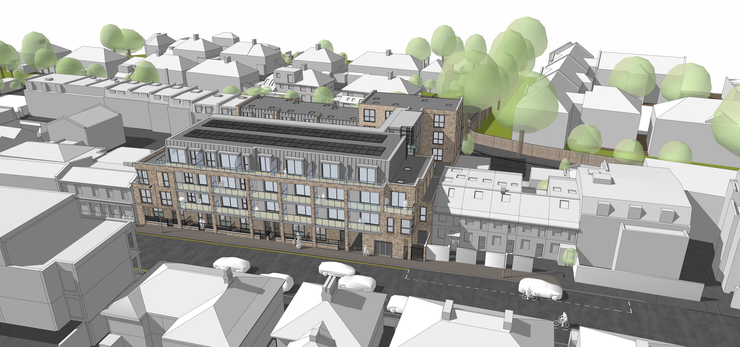Aerial massing view from the north showing the proposed development in its street context