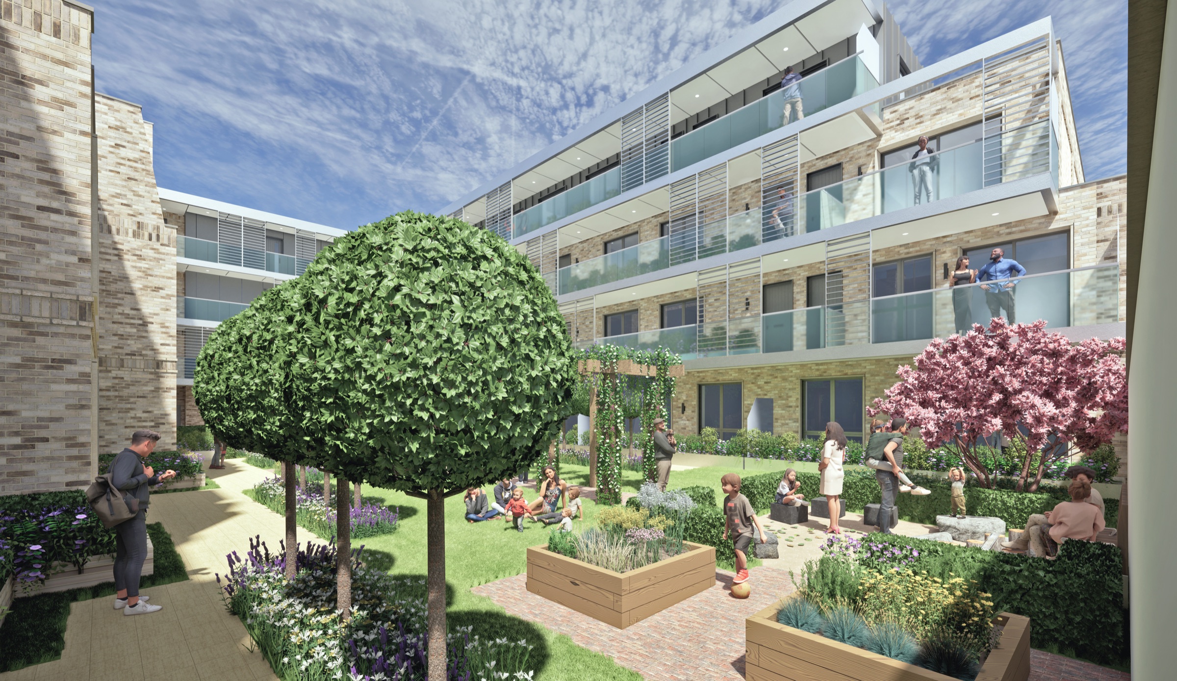 CGI within the communal courtyard looking north-east toward the apartment block balconies