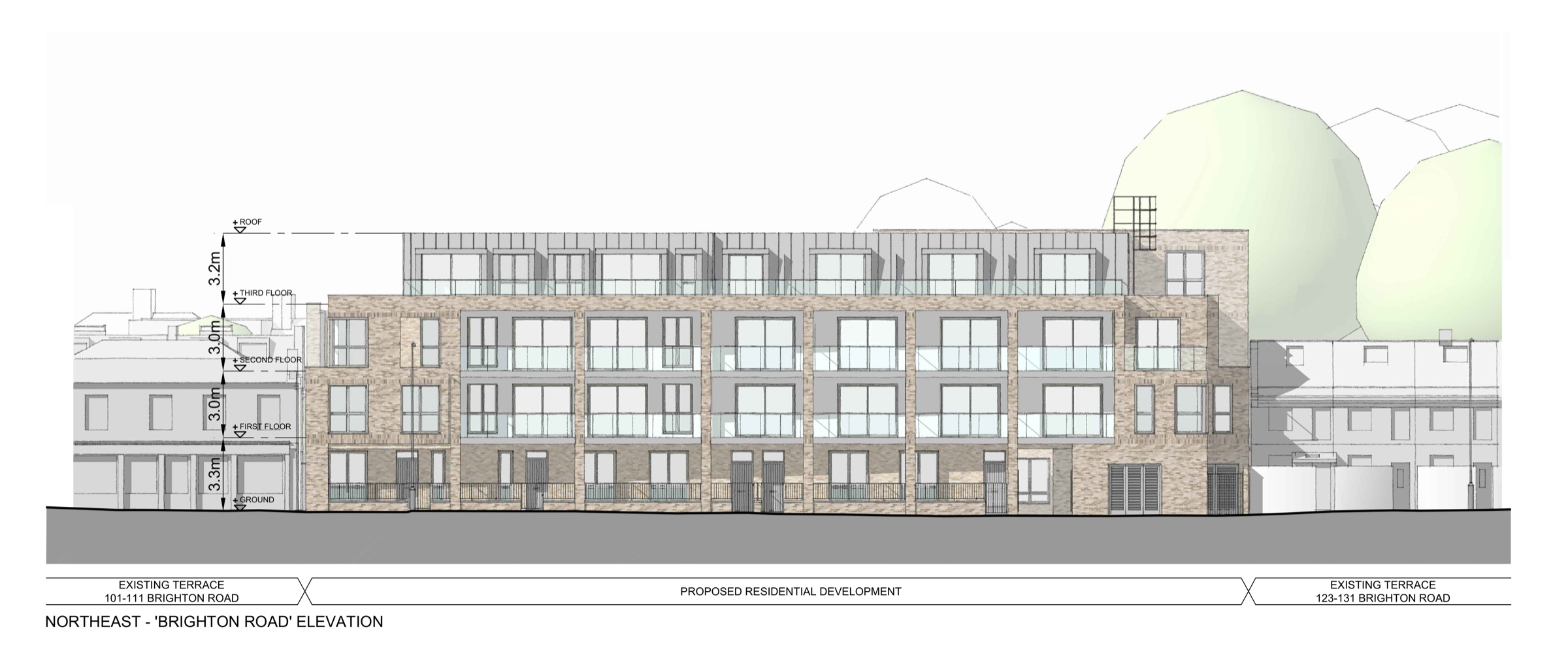 North-east elevation to Brighton Road showing the proposed four-storey development between the existing terraces at 101–111 and 123–131 Brighton Road