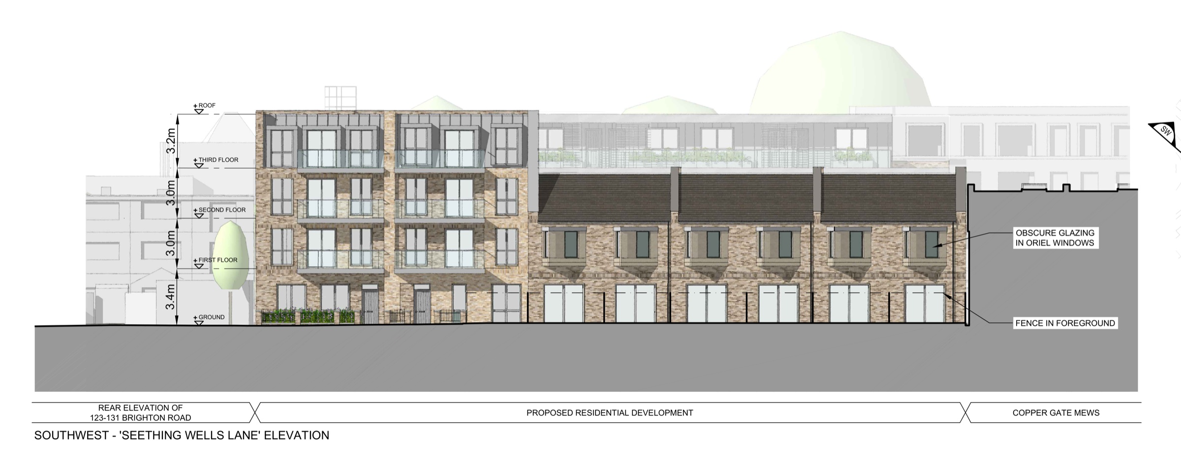 South-west elevation to Seething Wells Lane showing the apartment block and the terrace of six townhouses